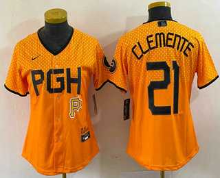Womens Pittsburgh Pirates #21 Roberto Clemente Yellow 2023 City Connect Stitched Jersey1